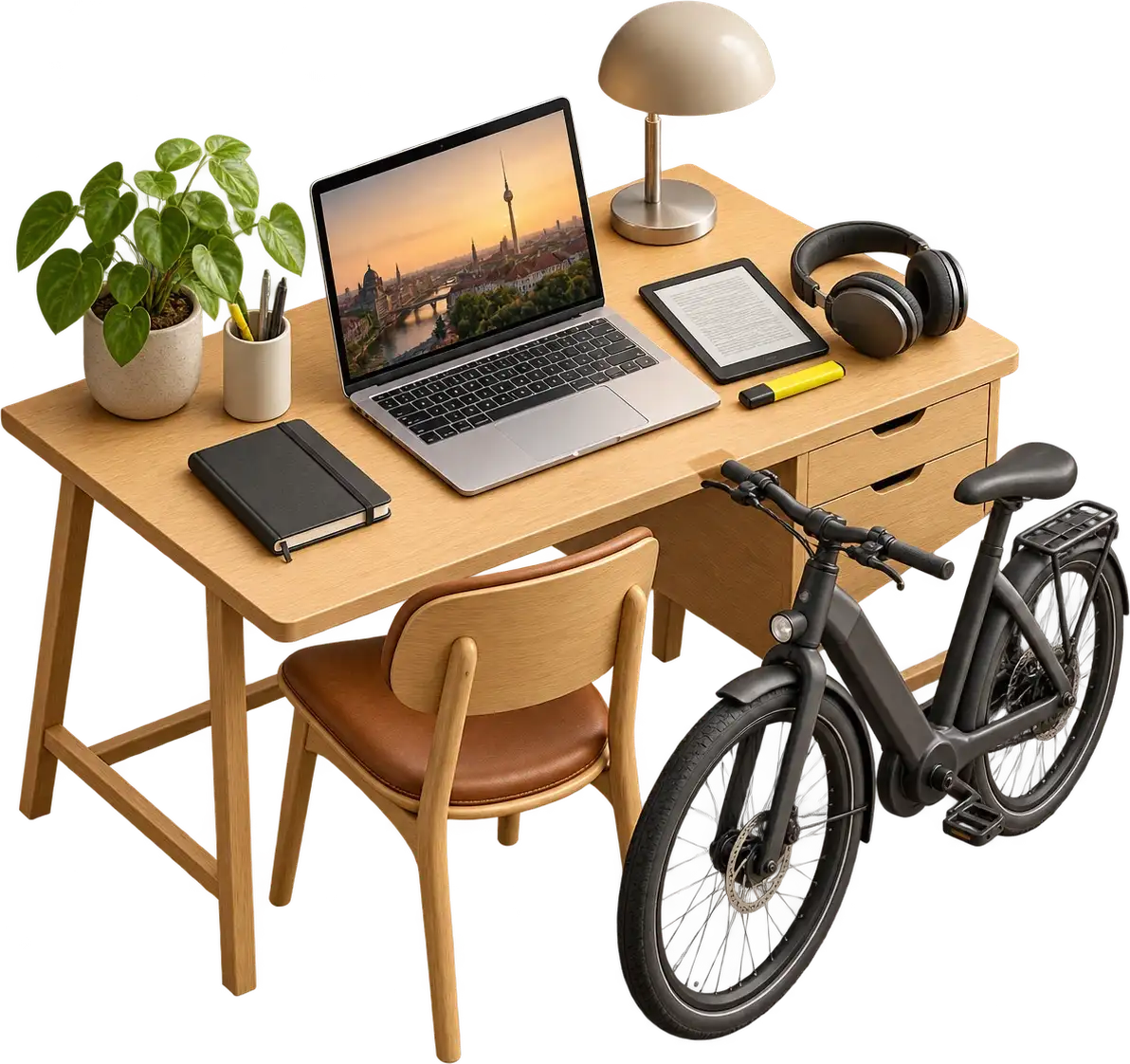 A miniature 3D model of Jerry’s Berlin desk: a laptop showing the TV tower, a Kindle with a highlighter, headphones, a plant and an e-bike