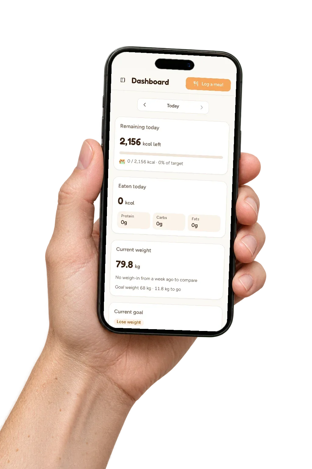 A hand holding an iPhone open on the FoodNote dashboard: calories left today, macros, and current weight