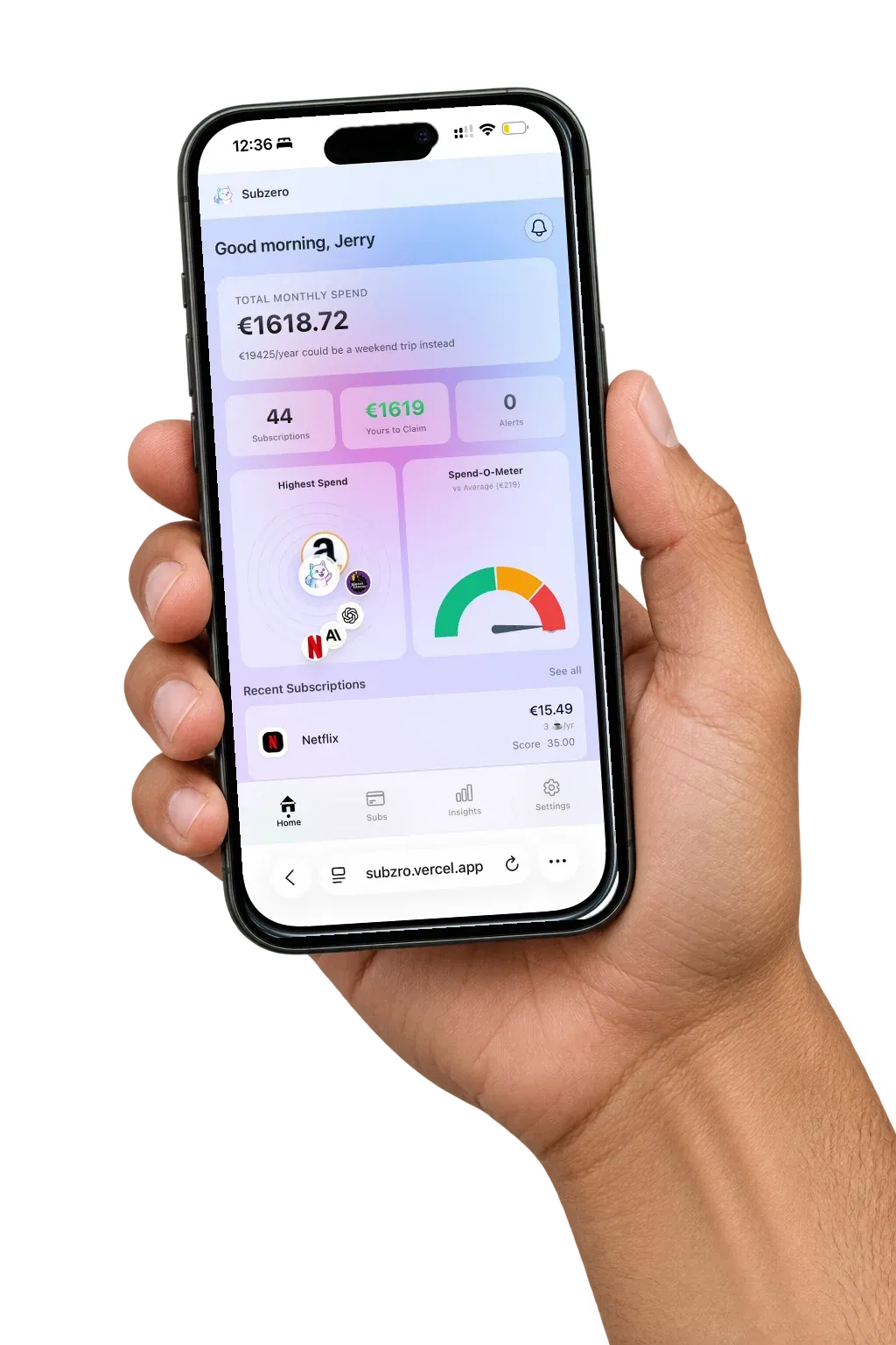 A hand holding an iPhone open on the Subzro dashboard: total monthly spend, highest spend, and the Spend-O-Meter